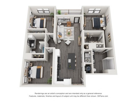 A 3D floor plan of a house with a kitchen, living room, and two bedrooms.